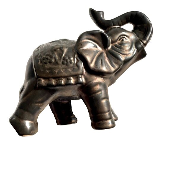 Lucky Ceramic Elephant Trunk Up With Saddle Black Copper Better Homes & Garden u - Picture 2 of 8